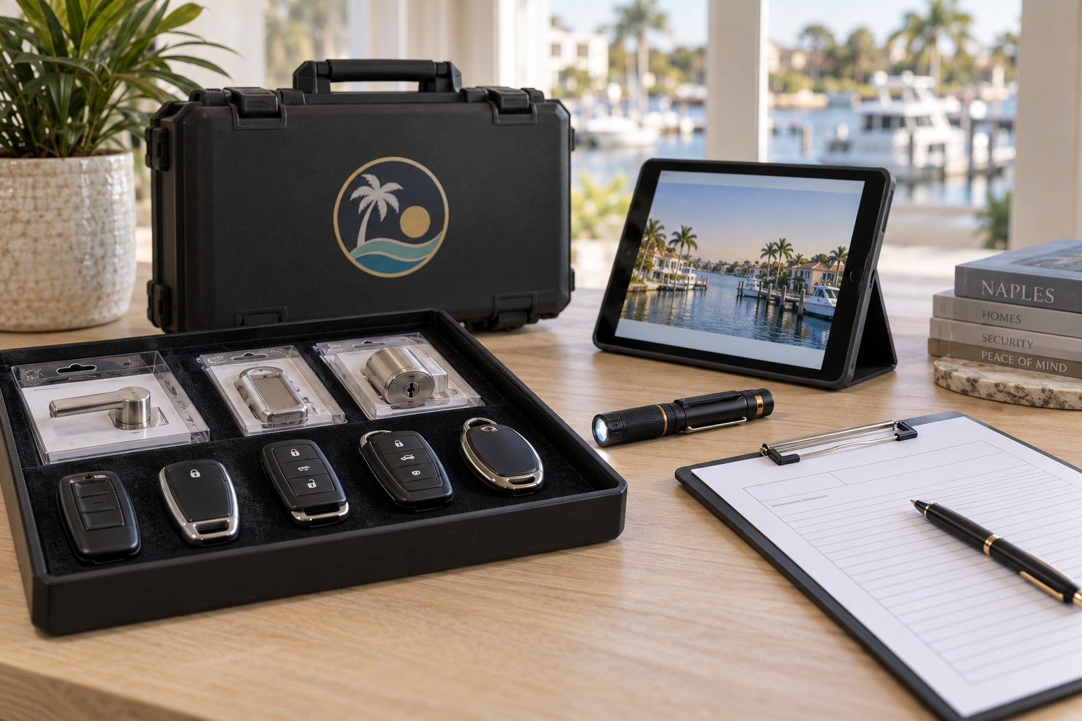 Organized lock hardware and vehicle fob assessment materials